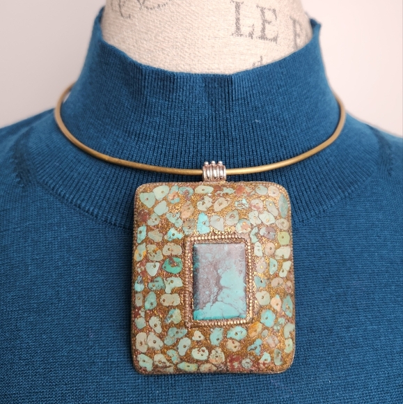 Silver & Gold Mosaic Turquoise Necklace - Picture 14 of 15